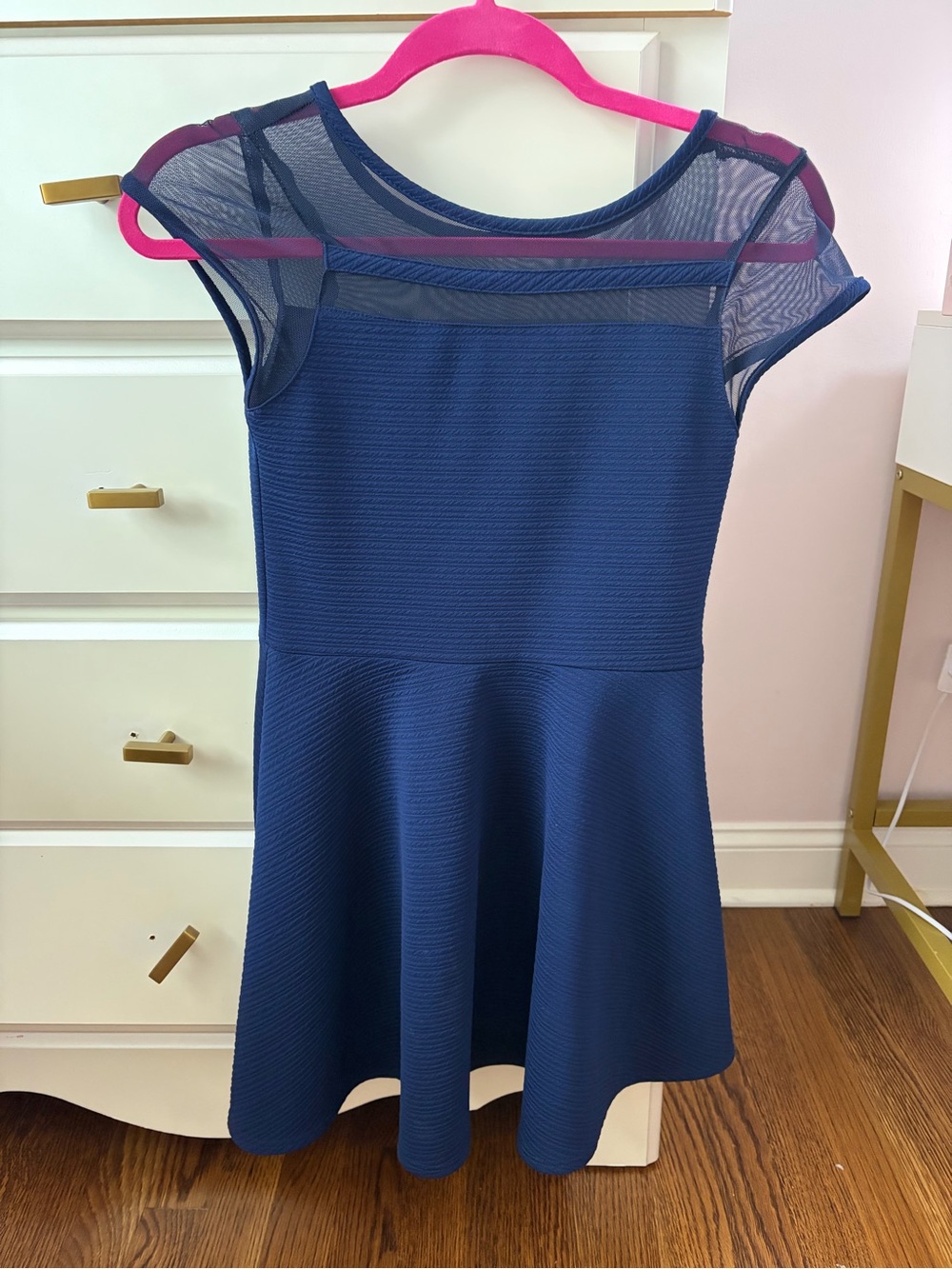 Sally Miller Navy Blue Mesh Yoke Fit & Flare Dress